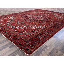 Load image into Gallery viewer, 9&#39;5&quot;x12&#39;10&quot; Scarlet Red, Vintage Persian Heriz With Large Medallion Design, 100% Wool, Hand Knotted, Even Wear, Cropped Thin, Good Condition, Sides And Ends Professionally Secured, Oriental Rug Sg281
