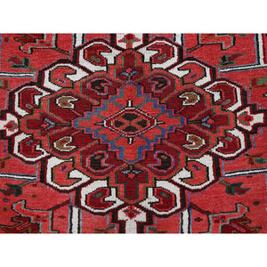 10'1"x12'7" Imperial Red, Vintage Persian Heriz With Large Medallion Design, 100% Wool, Hand Knotted, Evenly Worn, Shaved Down, Good Condition, Sides And Ends Professionally Secured, Oriental Rug FWR1692