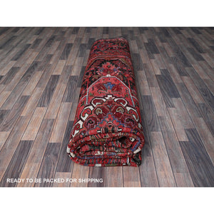 10'1"x12'7" Imperial Red, Vintage Persian Heriz With Large Medallion Design, 100% Wool, Hand Knotted, Evenly Worn, Shaved Down, Good Condition, Sides And Ends Professionally Secured, Oriental Rug FWR1692