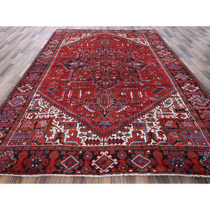 8'4"x11'4" Crimson Red, Vintage Persian Heriz With Geometric Medallion Design, 100% Wool, Hand Knotted, Even Wear, Cropped Thin, Good Condition, Sides And Ends Professionally Secured, Oriental Rug FWR1698