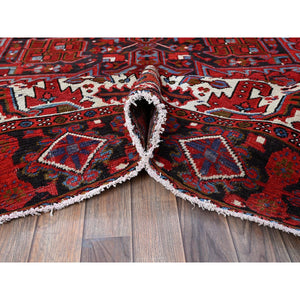 8'4"x11'4" Crimson Red, Vintage Persian Heriz With Geometric Medallion Design, 100% Wool, Hand Knotted, Even Wear, Cropped Thin, Good Condition, Sides And Ends Professionally Secured, Oriental Rug FWR1698
