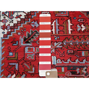 8'4"x11'4" Crimson Red, Vintage Persian Heriz With Geometric Medallion Design, 100% Wool, Hand Knotted, Even Wear, Cropped Thin, Good Condition, Sides And Ends Professionally Secured, Oriental Rug FWR1698