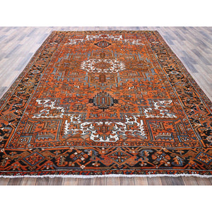7'7"x10'7" Squash Orange, Vintage Persian Heriz With Large Medallion Design, 100% Wool, Hand Knotted, Even Wear, Cropped Thin, Good Condition, Sides And Ends Professionally Secured, Oriental Rug FWR1758