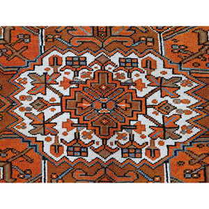 7'7"x10'7" Squash Orange, Vintage Persian Heriz With Large Medallion Design, 100% Wool, Hand Knotted, Even Wear, Cropped Thin, Good Condition, Sides And Ends Professionally Secured, Oriental Rug FWR1758