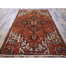Load image into Gallery viewer, 4&#39;9&quot;x8&#39;1&quot; Vivid Orange, Vintage Persian Heriz With Geometric Medallion Design, Animal Figurines, Pure Wool, Hand Knotted, Even Wear, Sheared Low, Good Condition, Sides And Ends Professionally Secured, Oriental Rug FWR1764