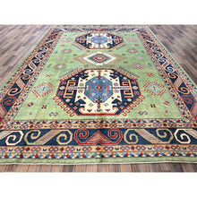 Load image into Gallery viewer, 9&#39;2&quot;x11&#39;7&quot; Pastel Green, Afghan Special Kazak, Geometric Medallions Design, Hand Knotted, Densely Woven, Pure Wool, Vegetable Dyes, Oriental Rug FWR1794