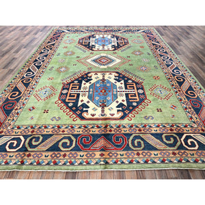 9'2"x11'7" Pastel Green, Afghan Special Kazak, Geometric Medallions Design, Hand Knotted, Densely Woven, Pure Wool, Vegetable Dyes, Oriental Rug FWR1794