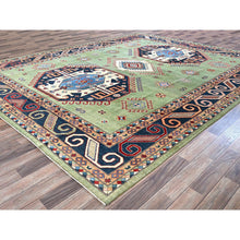 Load image into Gallery viewer, 9&#39;2&quot;x11&#39;7&quot; Pastel Green, Afghan Special Kazak, Geometric Medallions Design, Hand Knotted, Densely Woven, Pure Wool, Vegetable Dyes, Oriental Rug FWR1794