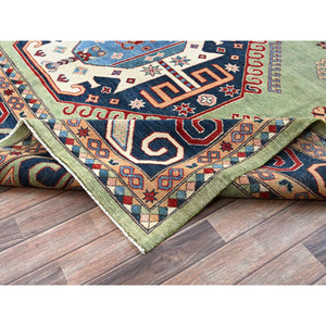9'2"x11'7" Pastel Green, Afghan Special Kazak, Geometric Medallions Design, Hand Knotted, Densely Woven, Pure Wool, Vegetable Dyes, Oriental Rug FWR1794