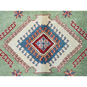 9'2"x11'7" Pastel Green, Afghan Special Kazak, Geometric Medallions Design, Hand Knotted, Densely Woven, Pure Wool, Vegetable Dyes, Oriental Rug FWR1794