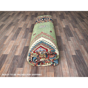 9'2"x11'7" Pastel Green, Afghan Special Kazak, Geometric Medallions Design, Hand Knotted, Densely Woven, Pure Wool, Vegetable Dyes, Oriental Rug FWR1794