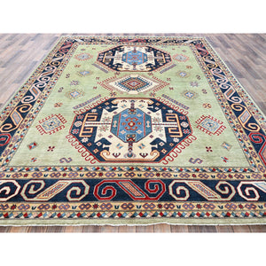 8'x10'4" Laurel Green, Afghan Special Kazak With Geometric Medallions Design, Hand Knotted, Densely Woven, 100% Wool, Vegetable Dyes, Oriental Rug FWR1806