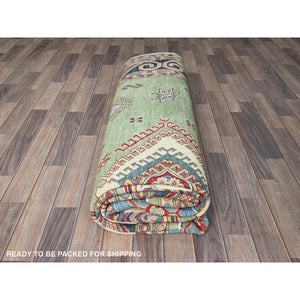 8'x10'4" Laurel Green, Afghan Special Kazak With Geometric Medallions Design, Hand Knotted, Densely Woven, 100% Wool, Vegetable Dyes, Oriental Rug FWR1806