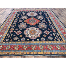 Load image into Gallery viewer, 8&#39;1&quot;x9&#39;8&quot; Midnight Blue, Afghan Special Kazak With Geometric Medallions Pattern, Hand Knotted, Densely Woven, 100% Wool, Natural Dyes, Oriental Rug FWR1824