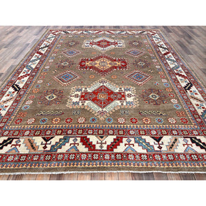 8'2"x10' Beaver Brown, Afghan Special Kazak With Geometric Medallions Design, Hand Knotted, Densely Woven, 100% Wool, Vegetable Dyes, Oriental Rug FWR1830
