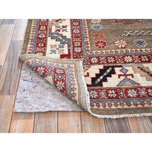 8'2"x10' Beaver Brown, Afghan Special Kazak With Geometric Medallions Design, Hand Knotted, Densely Woven, 100% Wool, Vegetable Dyes, Oriental Rug FWR1830