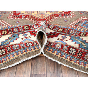 8'2"x10' Beaver Brown, Afghan Special Kazak With Geometric Medallions Design, Hand Knotted, Densely Woven, 100% Wool, Vegetable Dyes, Oriental Rug FWR1830