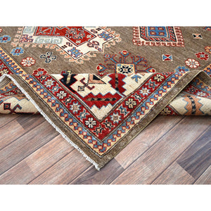 8'2"x10' Beaver Brown, Afghan Special Kazak With Geometric Medallions Design, Hand Knotted, Densely Woven, 100% Wool, Vegetable Dyes, Oriental Rug FWR1830