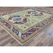 Load image into Gallery viewer, 8&#39;4&quot;x9&#39;7&quot; Pistachio Green, Afghan Special Kazak With Geometric Medallions Design, Densely Woven, 100% Wool, Hand Knotted, Vegetable Dyes, Oriental Rug FWR1836