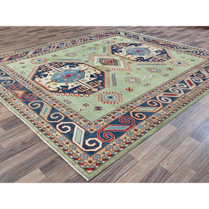 8'4"x9'7" Pistachio Green, Afghan Special Kazak With Geometric Medallions Design, Densely Woven, 100% Wool, Hand Knotted, Vegetable Dyes, Oriental Rug FWR1836