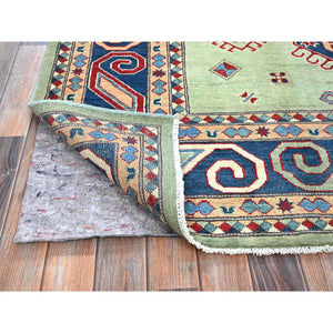 8'4"x9'7" Pistachio Green, Afghan Special Kazak With Geometric Medallions Design, Densely Woven, 100% Wool, Hand Knotted, Vegetable Dyes, Oriental Rug FWR1836