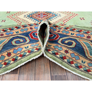 8'4"x9'7" Pistachio Green, Afghan Special Kazak With Geometric Medallions Design, Densely Woven, 100% Wool, Hand Knotted, Vegetable Dyes, Oriental Rug FWR1836