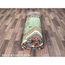 Load image into Gallery viewer, 8&#39;4&quot;x9&#39;7&quot; Pistachio Green, Afghan Special Kazak With Geometric Medallions Design, Densely Woven, 100% Wool, Hand Knotted, Vegetable Dyes, Oriental Rug FWR1836