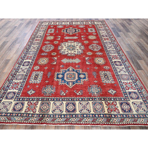 6'x9' Prismatic Red, Afghan Special Kazak With Geometric Medallions Design, Vegetable Dyes, 100% Wool, Hand Knotted, Densely Woven, Oriental Rug FWR1884