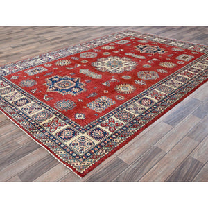 6'x9' Prismatic Red, Afghan Special Kazak With Geometric Medallions Design, Vegetable Dyes, 100% Wool, Hand Knotted, Densely Woven, Oriental Rug FWR1884