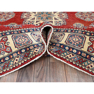 6'x9' Prismatic Red, Afghan Special Kazak With Geometric Medallions Design, Vegetable Dyes, 100% Wool, Hand Knotted, Densely Woven, Oriental Rug FWR1884