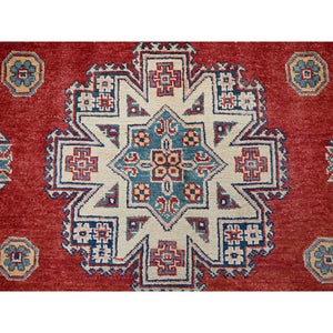 6'x9' Prismatic Red, Afghan Special Kazak With Geometric Medallions Design, Vegetable Dyes, 100% Wool, Hand Knotted, Densely Woven, Oriental Rug FWR1884