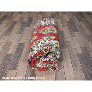 6'x9' Prismatic Red, Afghan Special Kazak With Geometric Medallions Design, Vegetable Dyes, 100% Wool, Hand Knotted, Densely Woven, Oriental Rug FWR1884