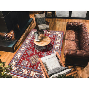 6'x8'10" Crimson Red, Afghan Special Kazak With Geometric Pattern, Hand Knotted, 100% Wool, Densely Woven, Natural Dyes, Oriental Rug FWR1890
