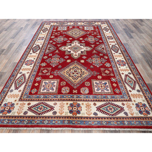 6'x8'10" Crimson Red, Afghan Special Kazak With Geometric Pattern, Hand Knotted, 100% Wool, Densely Woven, Natural Dyes, Oriental Rug FWR1890