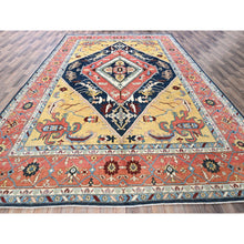 Load image into Gallery viewer, 10&#39;x13&#39;10&quot; Midnight Blue With Yellow, Afghan Peshawar With Serapi Heriz Design, Densely Woven, Vegetable Dyes, Hand Knotted, Pure Wool, Oriental Rug FWR1938