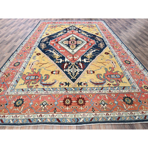 10'x13'10" Midnight Blue With Yellow, Afghan Peshawar With Serapi Heriz Design, Densely Woven, Vegetable Dyes, Hand Knotted, Pure Wool, Oriental Rug FWR1938