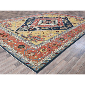 10'x13'10" Midnight Blue With Yellow, Afghan Peshawar With Serapi Heriz Design, Densely Woven, Vegetable Dyes, Hand Knotted, Pure Wool, Oriental Rug FWR1938