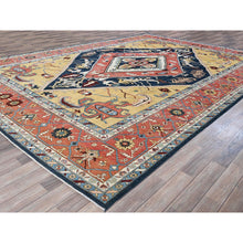 Load image into Gallery viewer, 10&#39;x13&#39;10&quot; Midnight Blue With Yellow, Afghan Peshawar With Serapi Heriz Design, Densely Woven, Vegetable Dyes, Hand Knotted, Pure Wool, Oriental Rug FWR1938