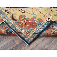 Load image into Gallery viewer, 10&#39;x13&#39;10&quot; Midnight Blue With Yellow, Afghan Peshawar With Serapi Heriz Design, Densely Woven, Vegetable Dyes, Hand Knotted, Pure Wool, Oriental Rug FWR1938
