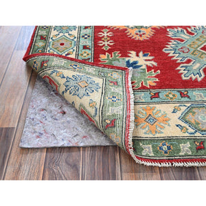 4'10"x6'10" Crimson Red, Kazak with All Over Tribal Motifs, Hand Knotted, Natural Dyes, Denser Weave, Soft Wool, Oriental Rug FWR1950