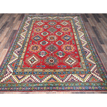 Load image into Gallery viewer, 4&#39;10&quot;x6&#39;6&quot; Prismatic Red, Kazak With Geometric Pattern, Natural Dyes, Hand Knotted, Denser Weave, Soft Wool, Oriental Rug FWR1956