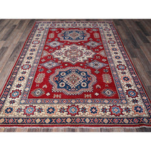 Load image into Gallery viewer, 4&#39;10&quot;x7&#39; Scarlet Red, Kazak With Geometric Medallions Design, Vegetable Dyes, Hand Knotted, Denser Weave, Pure Wool, Oriental Rug FWR1980