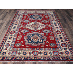 4'10"x7' Scarlet Red, Kazak with Geometric Medallions Design, Vegetable Dyes, Hand Knotted, Denser Weave, Pure Wool, Oriental Rug FWR1980