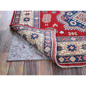 4'10"x7' Scarlet Red, Kazak with Geometric Medallions Design, Vegetable Dyes, Hand Knotted, Denser Weave, Pure Wool, Oriental Rug FWR1980