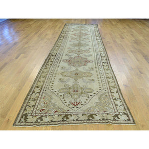 3'8"x15' Green Handmade Antique Caucasian Karabakh Pure Wool Wide Runner Rug FWR199068