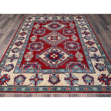 Load image into Gallery viewer, 5&#39;1&quot;x6&#39;9&quot; Berry Red, Hand Knotted, Kazak With All Over Tribal Motifs, Natural Dyes, Denser Weave, Soft Wool, Oriental Rug FWR1986