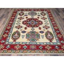 Load image into Gallery viewer, 5&#39;x6&#39;6&quot; Chiffon White, Kazak with Geometric Medallions Design, Vegetable Dyes, Hand Knotted, Denser Weave, 100% Wool, Oriental Rug FWR1992