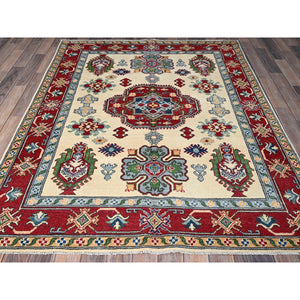 5'x6'6" Chiffon White, Kazak with Geometric Medallions Design, Vegetable Dyes, Hand Knotted, Denser Weave, 100% Wool, Oriental Rug FWR1992