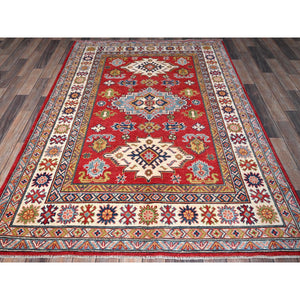 4'10"x7' Imperial Red, Kazak with Geometric Medallions Design, Vegetable Dyes, Hand Knotted, Denser Weave, Pure Wool, Oriental Rug FWR1998