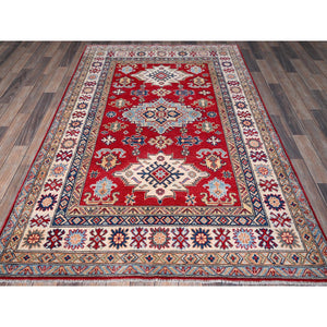 4'9"x7'1" Berry Red, Kazak with Tribal Medallions Design, Soft Wool, Vegetable Dyes, Hand Knotted, Denser Weave, Oriental Rug FWR2010
